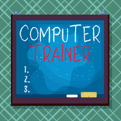 Word writing text Computer Trainer. Business photo showcasing instruct and help users acquire proficiency in computer Asymmetrical uneven shaped format pattern object outline multicolour design