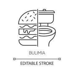 Bulimia linear icon. Eating disorder. Unhealthy hunger. Binge eating from stress. Mental disorder. Thin line illustration. Contour symbol. Vector isolated outline drawing. Editable stroke - obrazy, fototapety, plakaty