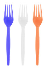 Colorful plastic fork isolated on white background.
