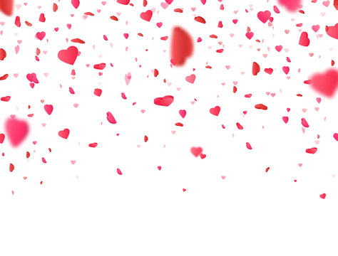 Valentines Day background with 3d pink heart falling on white background. Heart confetti border. Flower petal in shape of heart. Color confetti for greeting cards. Vector illustration
