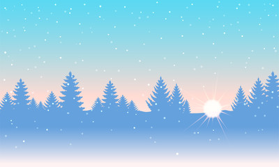 Fototapeta na wymiar Blue nature backdrop. Sunrise on sky and snowy at forest.