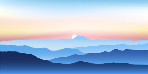 Fototapeta na wymiar Blue nature backdrop. Mountain and tree with sunrise on sky.