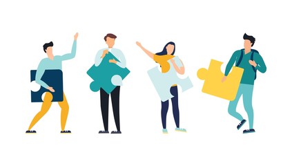 Business concept. Team metaphor. people connecting puzzle elements. Vector illustration flat design style. Symbol of teamwork, cooperation, partnership.