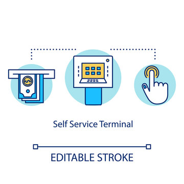 Self Service Terminal Concept Icon. Payment System Idea Thin Line Illustration. Shopping Checkout. Electronic Transaction. Modern Technology. Vector Isolated Outline Drawing. Editable Stroke