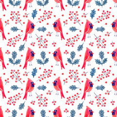 Christmas seamless pattern of cartoon cardinal birds, berries and holly. Watercolor hand drawn illustration on white background