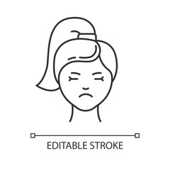 Migraine linear icon. Emotional expression on female face. Sadness and low mood. Predmenstrual syndrome. Thin line illustration. Contour symbol. Vector isolated outline drawing. Editable stroke