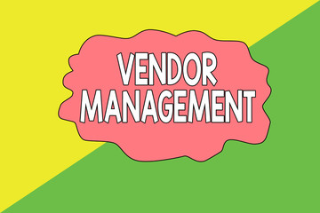 Conceptual hand writing showing Vendor Management. Concept meaning activities included in researching and sourcing vendors Geometric Background Triangles for Business Presentations