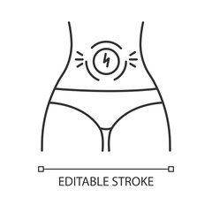 Abdominal pain linear icon. Stomach ache. Period cramp, menstruation spasm. Predmenstrual syndrome symptom. Thin line illustration. Contour symbol. Vector isolated outline drawing. Editable stroke