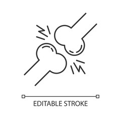 Joint pain linear icon. Knee injury. Wrist trauma. Strained muscle. Arthritis, osteoarthritis. Ligament spasm. Thin line illustration. Contour symbol. Vector isolated outline drawing. Editable stroke