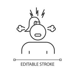 Irritability linear icon. Annoyed girl. Angry woman. Predmenstrual syndrome. Boiling emotion. Temper problem. Thin line illustration. Contour symbol. Vector isolated outline drawing. Editable stroke