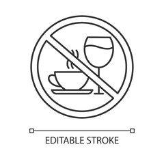 Caffeine and alcohol refusal linear icon. Deny wine and coffee. No unhealthy habits. Stop sign with beverages. Thin line illustration. Contour symbol. Vector isolated outline drawing. Editable stroke