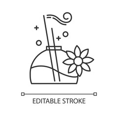 Aromatherapy linear icon. Floral scent. Essential oils. Aromatic sticks. Female selfcare. Spa product. Thin line illustration. Contour symbol. Vector isolated outline drawing. Editable stroke