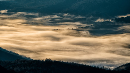 Awesone sunrise in the mountains. Bieszczady, the part of Carpathian Mountains. Poland.