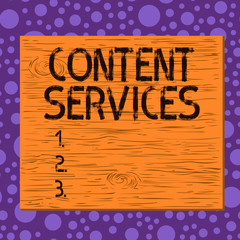 Writing note showing Content Services. Business concept for delivers the content on deanalysisd to the service consumer Square rectangle unreal cartoon wood on the coloured wall