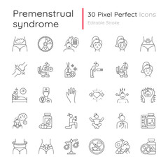 Predmenstrual syndrome linear icons set. Period abdominal pain. Emotional outburst. Hormone imbalance. Thin line contour symbols. Isolated vector outline illustrations. Editable stroke. Perfect pixel