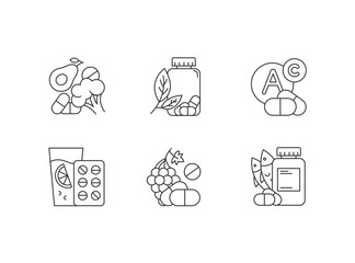Vitamin intake linear icons set. Vegetables and fruits for healthcare. Pharmaceutical aid. Thin line contour symbols. Isolated vector outline illustrations. Editable stroke. Perfect pixel