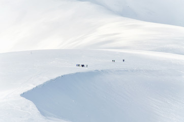 Fototapeta na wymiar A group of skiers are preparing for a free ride in the Carpathian Mountains