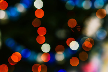 Christmas background. Bright and abstract blurred colorful background. Red, blue and white bokeh. Copy space