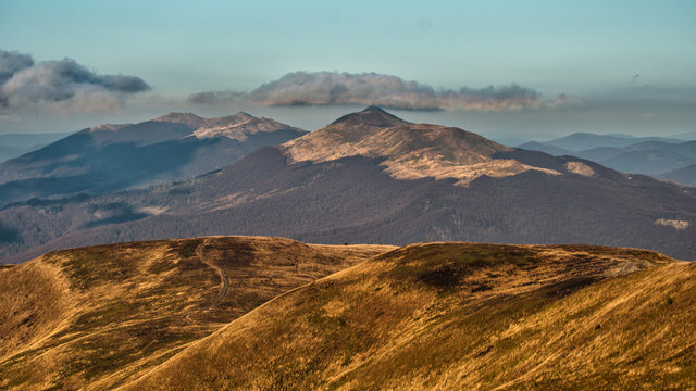 Awesone sunrise in the mountains. Bieszczady, the part of Carpathian Mountains. Poland.