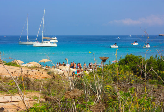 particular beach, famous Cala Comte tourist bay, summer destination of Ibiza