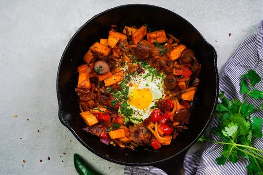 Skillet Baked Sweet Potato Breakfast Hash With Fried Egg, Top View