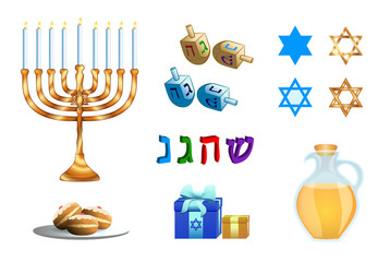 Set of various symbols and items of Hanukkah (Festival of Light) Jewish holiday celebration in semi realistic style. Isolated objects. 