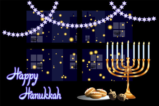 Hanukkah (Festival of Lights) Jewish holiday greeting card with city night view lit up by hanukkiah candles. "Happy Hanukkah" lettering. Illustration conveying the light of unity.