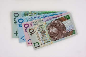 Various Polish zloty bills on wite background 