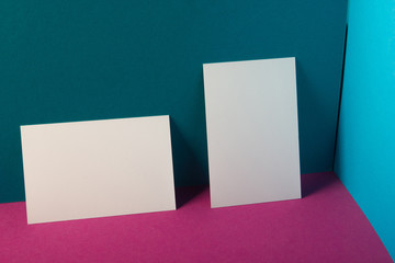 Naklejka premium Business cards blank. Mockup on color background. Flat Lay. copy space for text