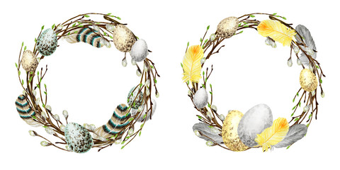 Watercolor Spring Easter wreath set. Hand drawn tree branch with feathers, eggs, leaves, willow Frame illustration. Border. Isolated design for invitations, greeting card, poster, print label concept.