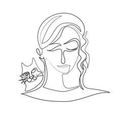 One continuous line drawing of cat and young girl. Simple line illustration of pets.