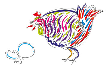 Obraz premium One continuous line drawing of broken egg and scared chicken. Simple line illustration of dread chicken and her eggs.