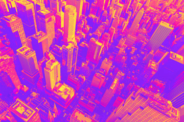 Aerial view of Midtown Manhattan at sunset synth wave style