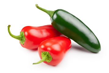 Red and green jalapeno peppers on white - obrazy, fototapety, plakaty