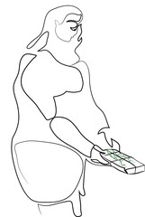 One continuous line drawing of young woman holding christmas present