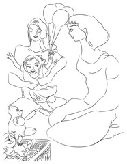 illustration of two happy woman playing with cute kid. illustration of two woman and child having fun.