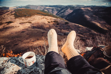 Wool socks, coffe, and hiking boots