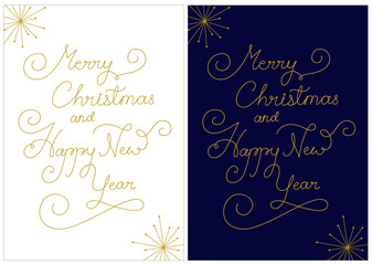 Fototapeta na wymiar Merry Christmas and Happy New Year hand lettered calligraphic ornamental line art lettering style words with retro star bursts made as editable path for tweaking curves to your poster card or product