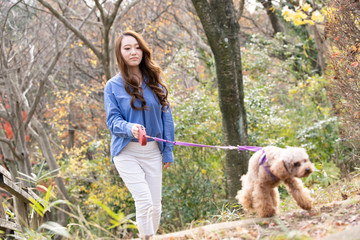 ペットと公園を散歩する女性
