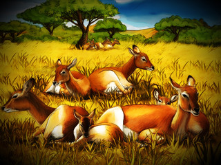 cartoon scene with koba lychee on the meadow with village in the background illustration for children