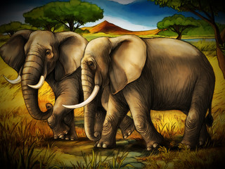 cartoon scene with elephant family safari illustration for children