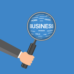 BUSINESS. Magnifying glass over seamless background with different association terms. Vector illustration.