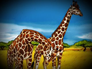 cartoon safari scene with giraffes family eating on the meadow - illustration for children