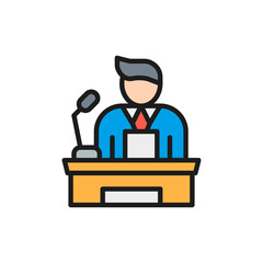 Speaker, people on podium speech, conference presentation speech color line icon