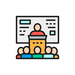 Vector business conference, presentation, seminar flat color line icon.