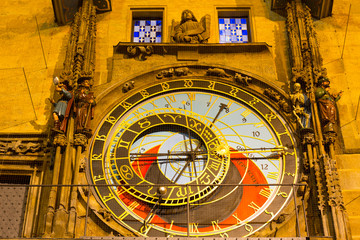 Obraz premium Historical medieval astronomical Clock in the Night, Prague Old Town Hall , Czech Republic