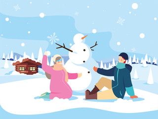 couple of people with snowman in winter landscape