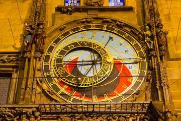 Fototapeta na wymiar Historical medieval astronomical Clock in the Night, Prague Old Town Hall , Czech Republic