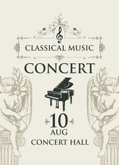 Vector poster for classical music concert with grand piano and contour drawings of angels in retro style on a light background. Suitable for flyer, invitation, playbill, web design