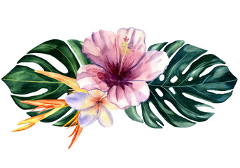 Watercolor hand painted composition with hibiscus, heloconia and plumeria flowers and monstera leaves. Bright tropical clipart is perfect for design of wedding invitations or greeting cards.